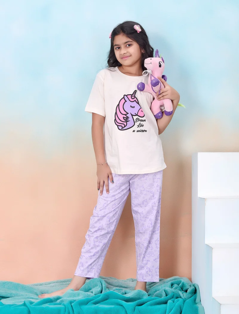 Artemea  Dream Like a Unicorn print Girls Premium Pajama set (2pc set -Top & Bottom) for Women | Best Price UAE